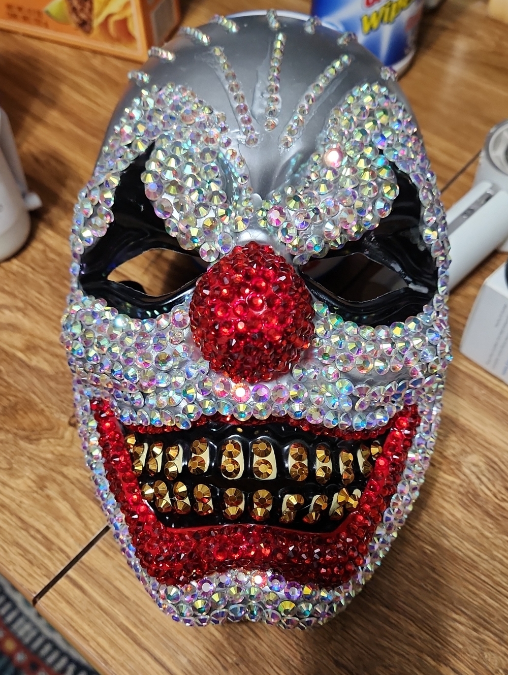 Halloween Rhinestone Crystal Clown Mask - Silver and Red Sparkle